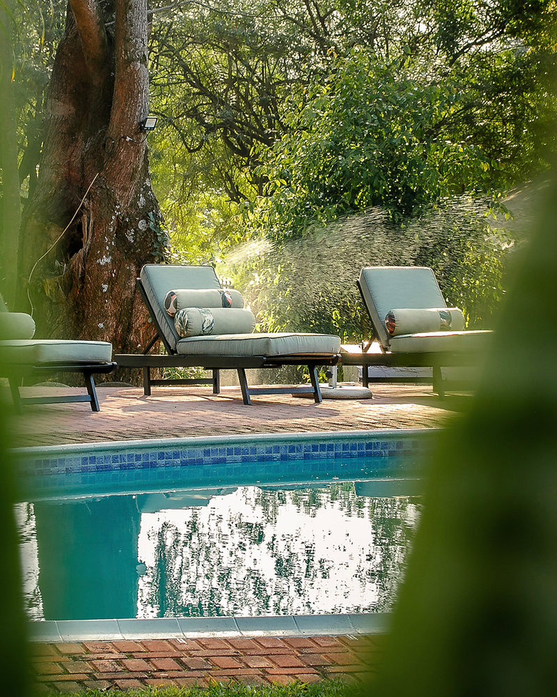 Cushioned loungers beside the pool, framed by trees and garden greenery