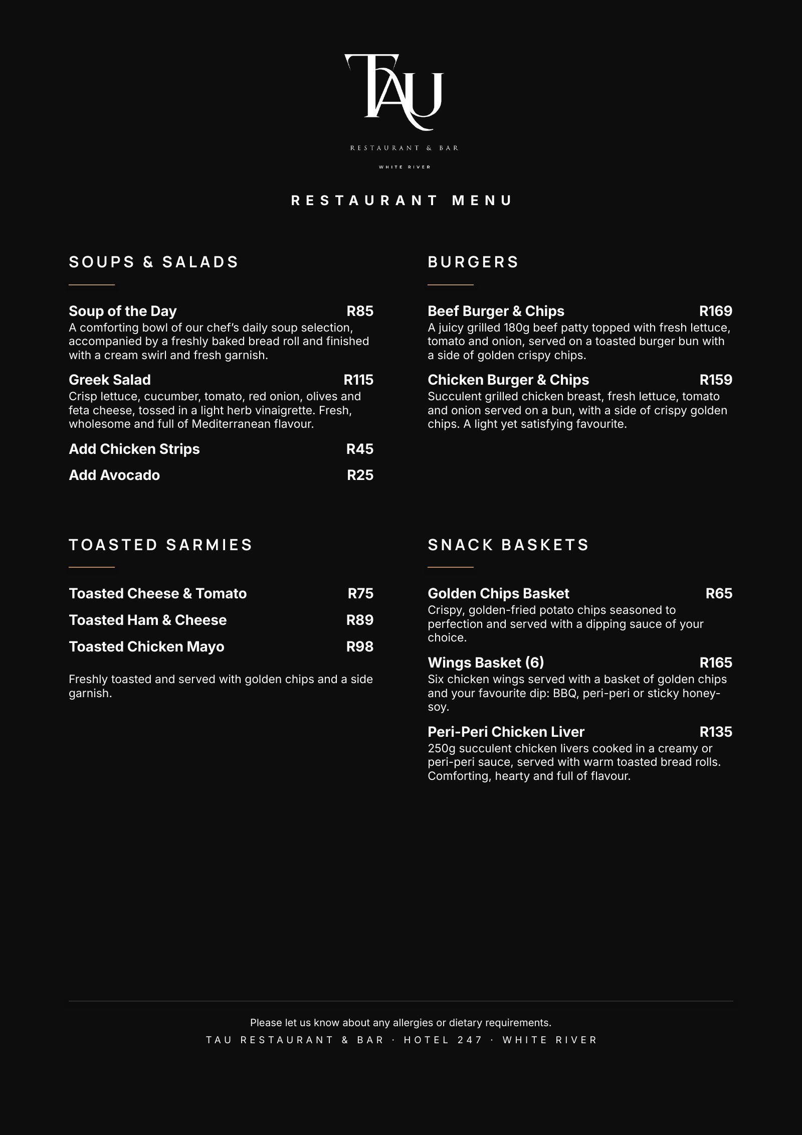 TAU Restaurant Menu, page 1 of 3