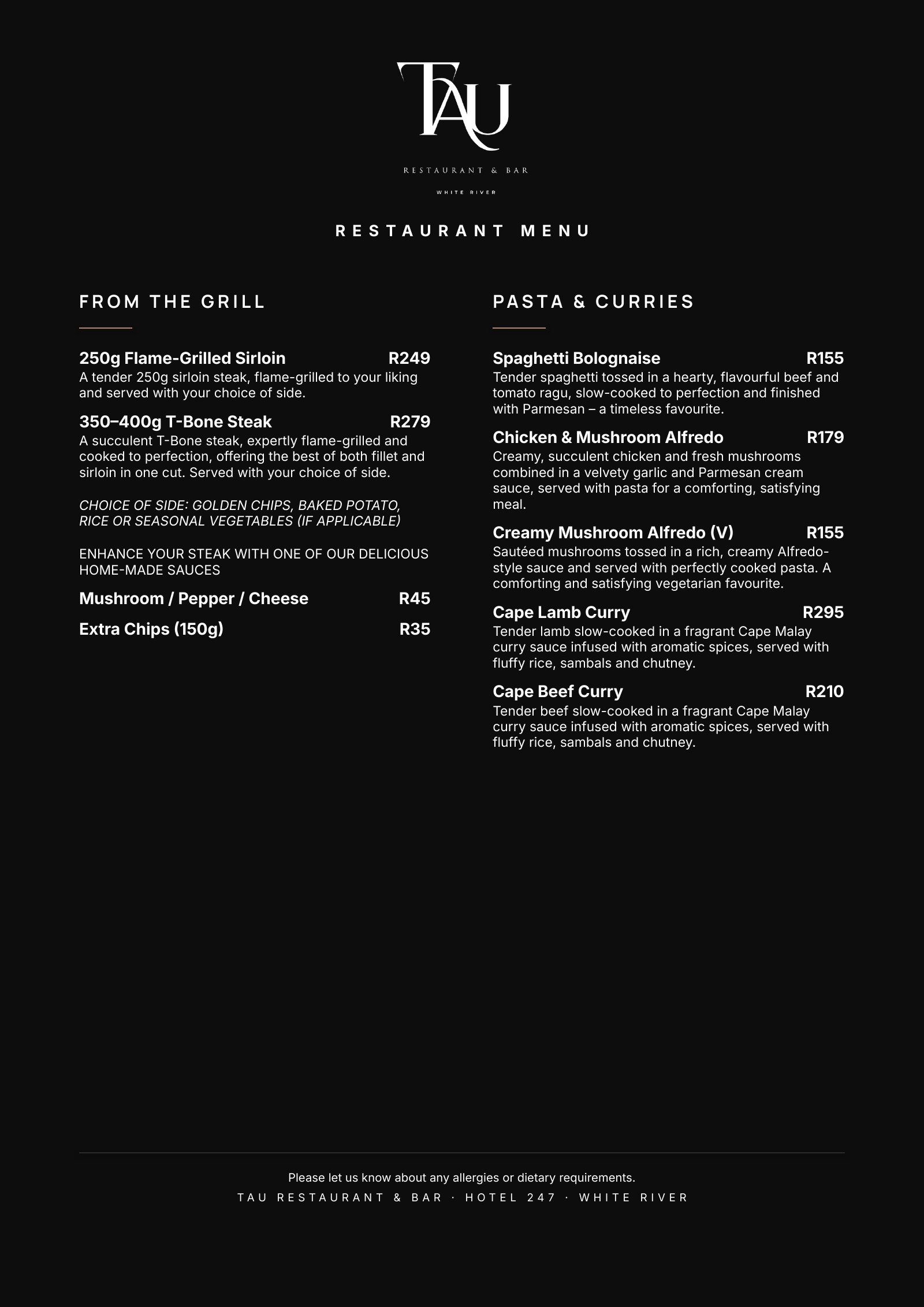 TAU Restaurant Menu, page 2 of 3