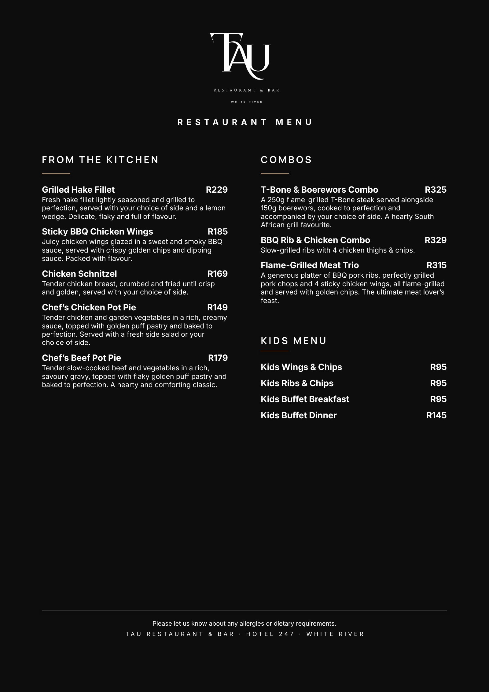TAU Restaurant Menu, page 3 of 3