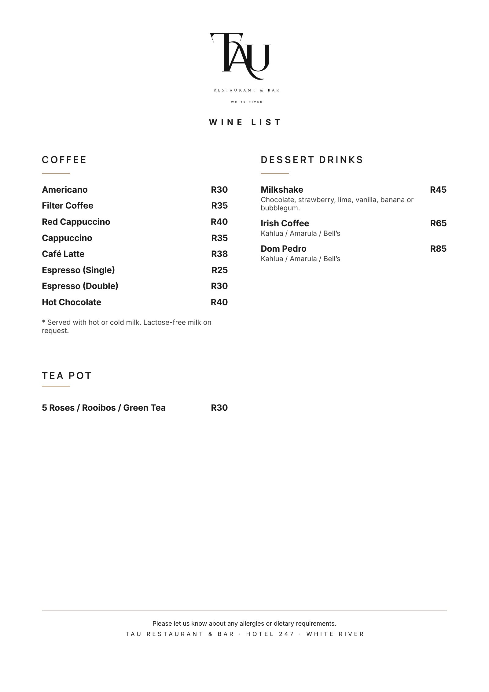 TAU Wine List, page 1 of 6