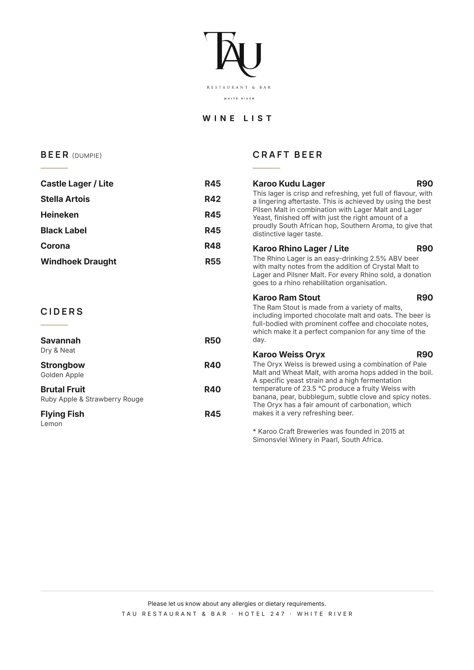 TAU Wine List, page 2 of 6