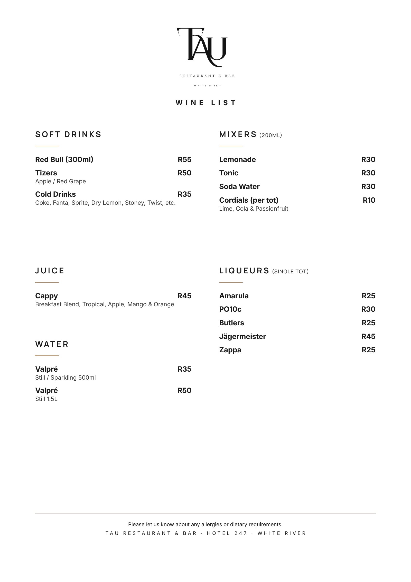 TAU Wine List, page 3 of 6