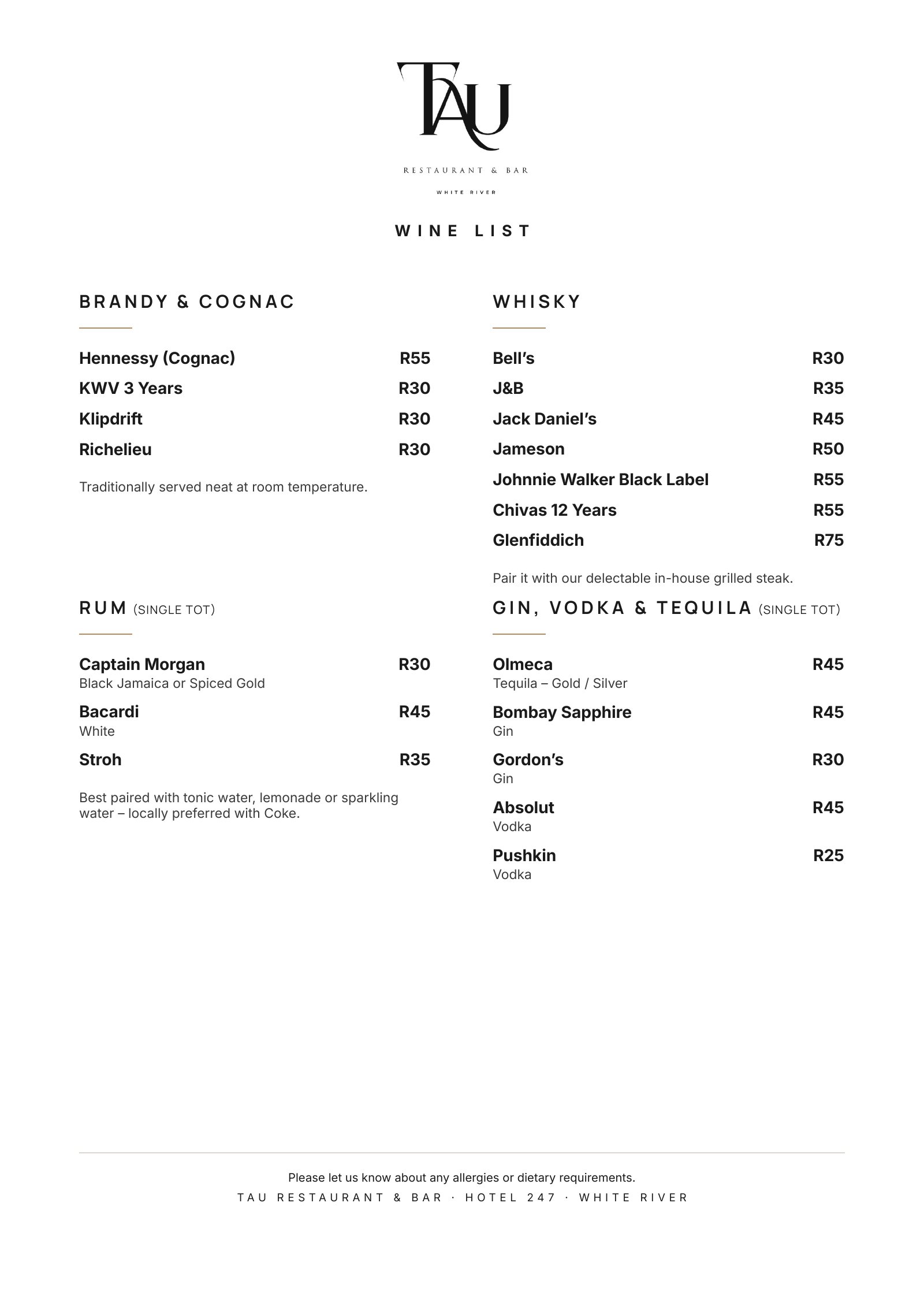 TAU Wine List, page 4 of 6