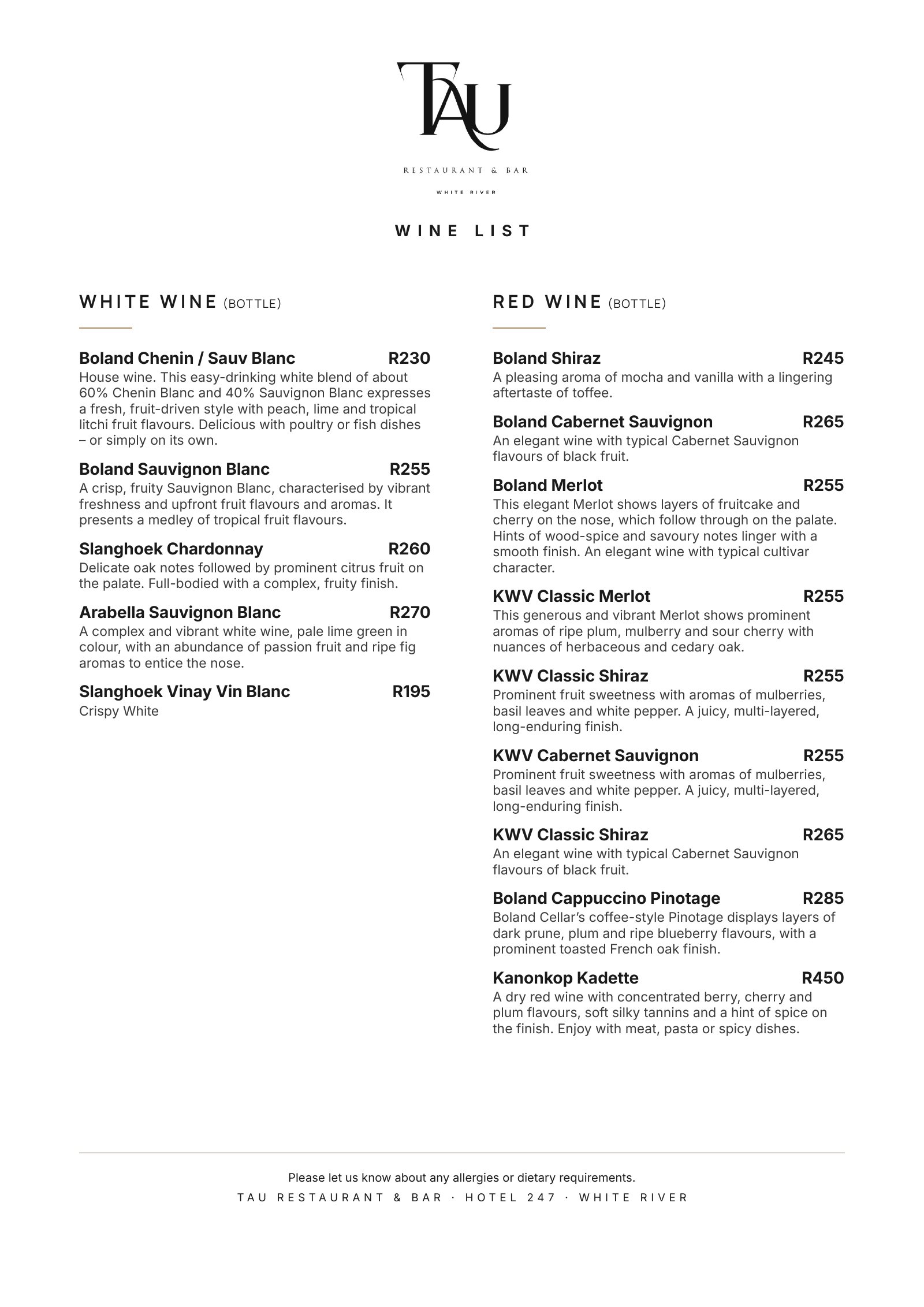 TAU Wine List, page 5 of 6